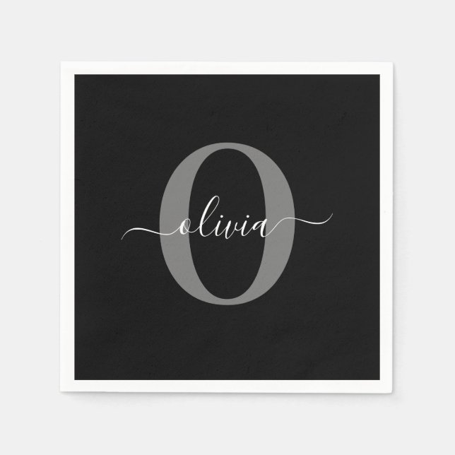 Schwarz-weißer Name für Monogramm-Skript Serviette (Vorderseite)