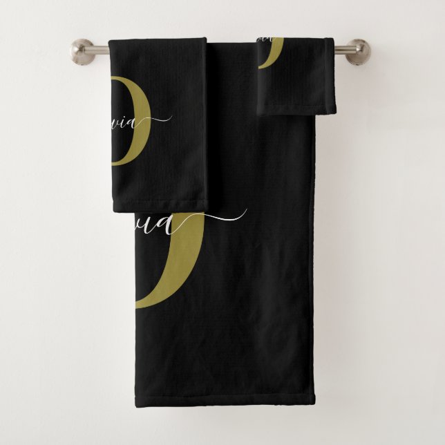 Schwarz-weißer Name für personalisierte Monogramm- Badhandtuch Set (Insitu)