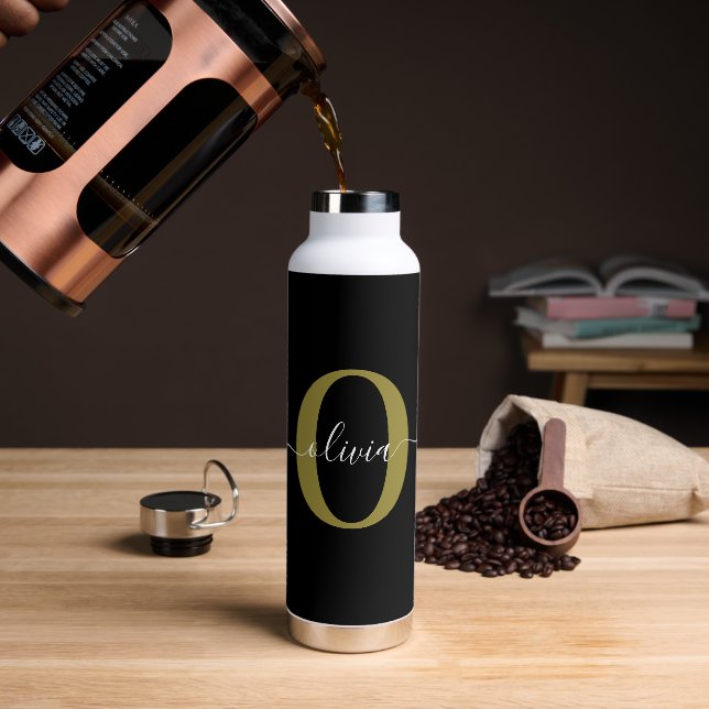 Schwarz-weißer Name für personalisierte Monogramm- Trinkflasche (Kaffee)