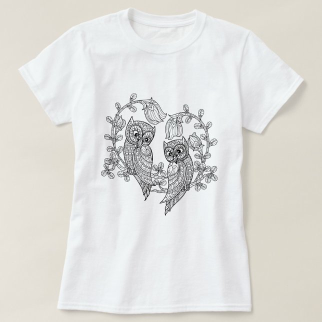 Schwarz-weißer Owl Sketch-T - Shirt (“Two wise hearts entwined in nature’s embrace.”)