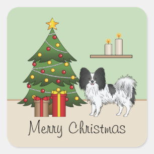 Schwarz-weißer Papillon-Hund an einem Weihnachtsba Quadratischer Aufkleber