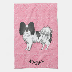 Schwarz-weißer Papillon-Hund auf rosa Herzen Geschirrtuch