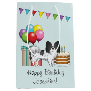 Schwarz-weißer Papillon-Hund Bunter Geburtstag Mittlere Geschenktüte
