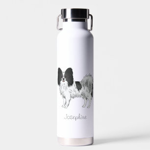 Schwarz-weißer Papillon-Hund mit individuellem Nam Trinkflasche