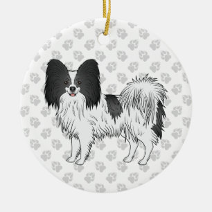 Schwarz-weißer Papillon-Hund mit Pfoten Keramik Ornament
