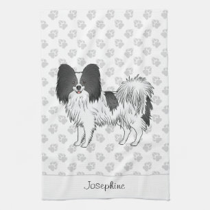Schwarz-weißer Papillon-Hund mit Pfoten und Text Geschirrtuch