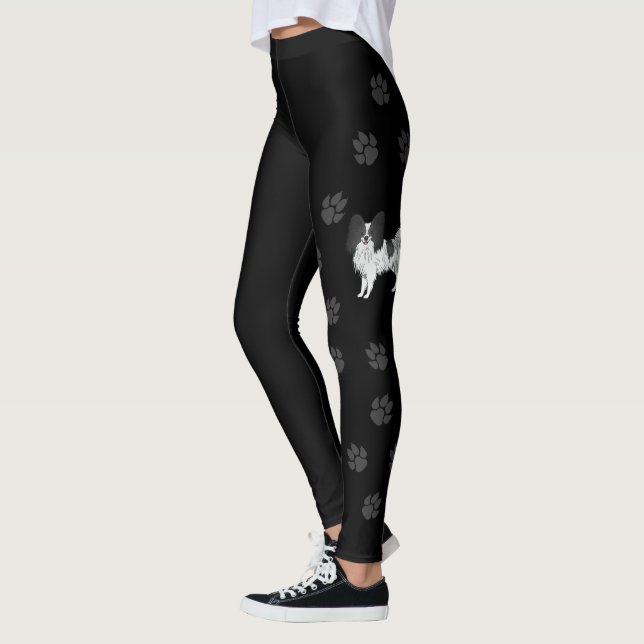 Schwarz-weißer Papillon-Kartoon mit Pfoten Leggings (Links)