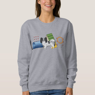 Schwarz-weißer Papillon mit Agility-Ausrüstung Sweatshirt