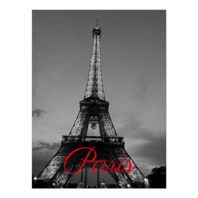 Schwarz-weißer Paris City Night Eiffel Tower Europ Poster (Vorderseite)