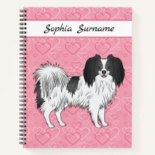 Schwarz-weißer Phalène-Hund auf rosa Herzen Notizbuch