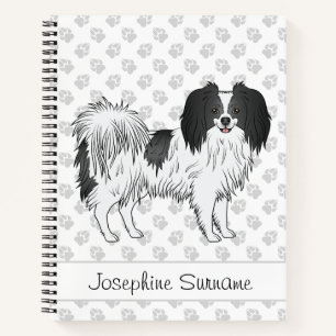 Schwarz-weißer Phalène-Hund mit Text und Pfoten Notizbuch