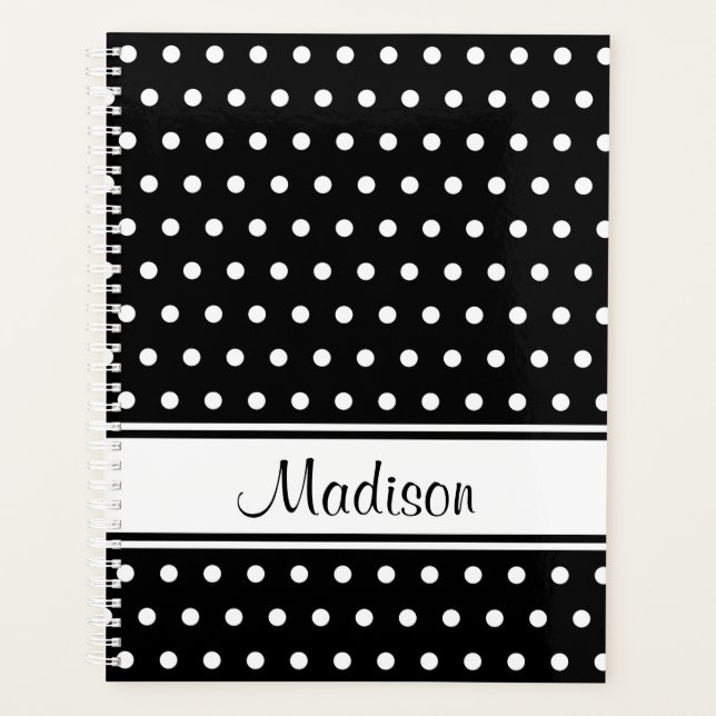 Schwarz-weißer Polka Dot Strip Skriptname Planer (Vorderseite)