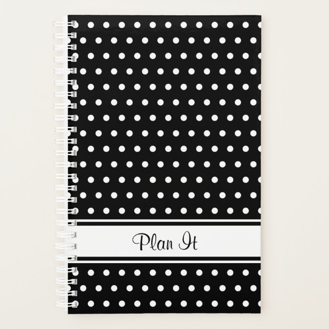Schwarz-weißer Polka-Dot-Strip-Skripttext Planer (Vorderseite)