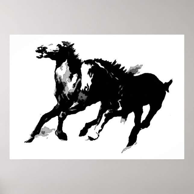 Schwarz-weißer Pop Art Reiten Silhouetten Poster (Vorne)