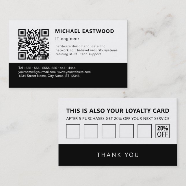 Schwarz-weißer QR-Code 2 in 1 Loyalität und Visitenkarte (Vorne/Hinten)