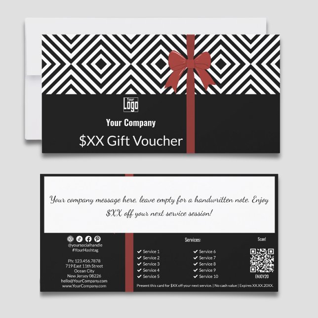 Schwarz-weißer QR Code Company Note Gutscheinkarte (Black White QR Code Company Note Gift Voucher Card, with Red Ribbon, QR code, Service List, Note)