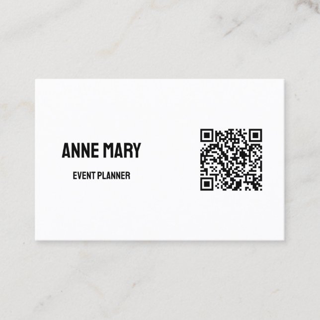 Schwarz-weißer QR Code Moderner Hochzeitsplaner Visitenkarte (Vorderseite)