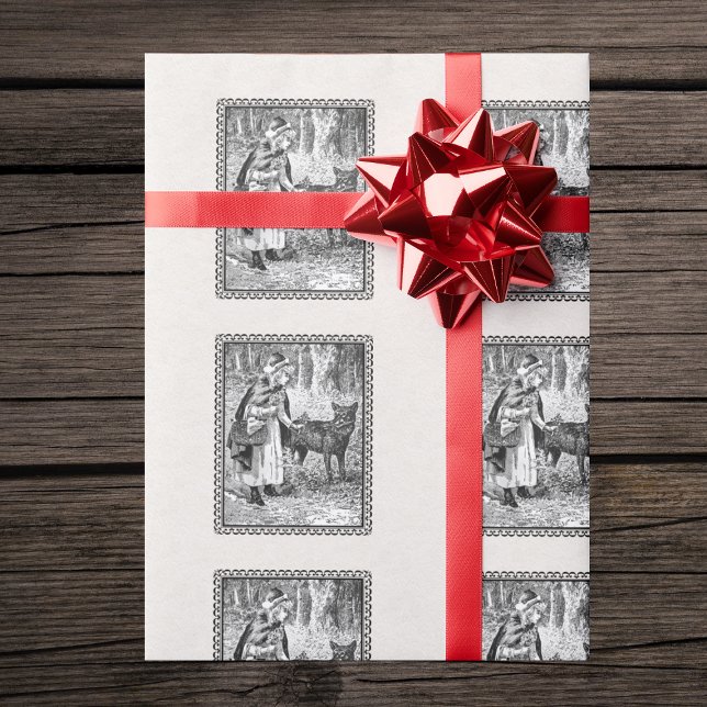 Schwarz-weißer Red Riding Hood Wolf Schwarzer Rahm Geschenkpapier (Vintage Red Riding Hood wolf in forest in black frame on textured look white gift wrap paper.)