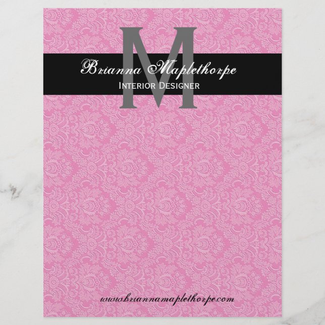 Schwarz-weißer rosa Damast-Monogramm-Briefkopf Briefkopf (Vorderseite)