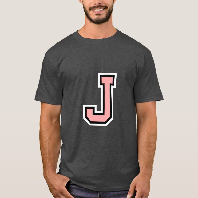Schwarz-weißer rosa Letter J Monogram, erste Uni T-Shirt (Vorderseite)
