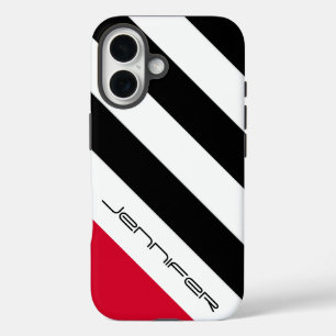 Schwarz-weißer roter Diagonalstreifen, Name, Minim iPhone 16 Hülle