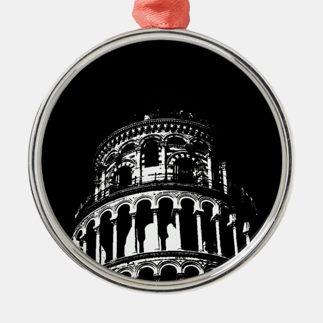 Schwarz-weißer Schießturm von Pisa Italien Ornament Aus Metall (Vorne)