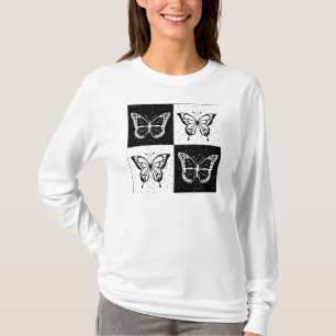 Schwarz-weißer Schmetterlingsblock Langschlauch T-Shirt