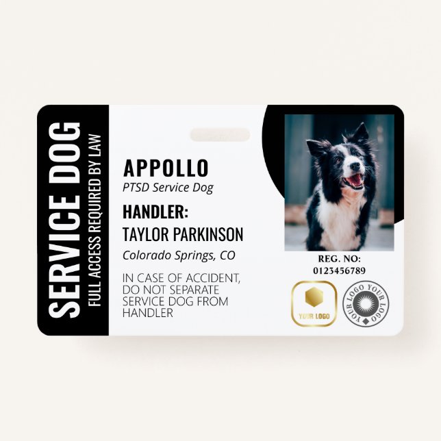Schwarz-weißer Service-Hund 2-Logos und Foto-ID Ausweis (Vorderseite)