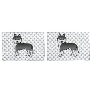 Schwarz-weißer sibirischer Husky-Cartoon-Hund & Pf Kissenbezug