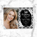 Schwarz-weißer Silberdamassel Foto 50. Geburtstag Einladung<br><div class="desc">Elegante florale feminine 50. Geburtstagseinladung mit Ihrem Foto. Glam Schwarz-weißes Design mit Imitaten Glitzer Silber. Enthält schwarz-weiße Damasketmuster,  Rose,  Skript-Schriftart und Konfetti. Ideal für ein stilvolles Party für Erwachsene. Personalisieren Sie Ihre persönlichen Daten. Kann für jedes Alter angepasst werden! Gedruckte Zazzle Einladungen oder Sofortdownload digitalen druckbaren Vorlage.</div>