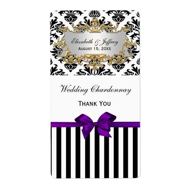 Schwarz-weißer Streifen Damask Lila Party Weinetik (Vorne)