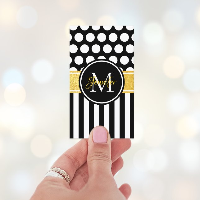 Schwarz-weißer Streifen Polka Dot Gold Monogramm Visitenkarte (Monogram Modern Color Block Style Business Card)