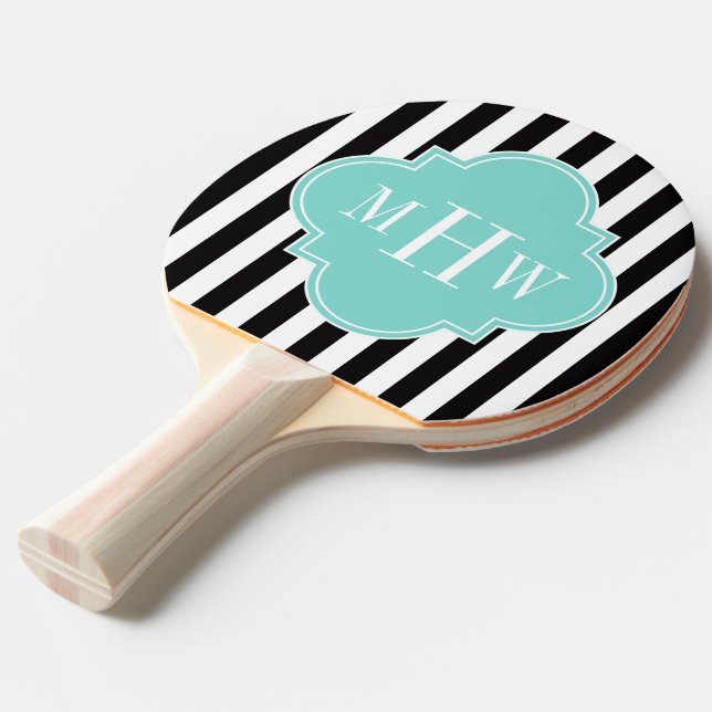 Schwarz-weißer Streifen Türkis-Folie 3 Monogramm Tischtennis Schläger (Vorderseite)