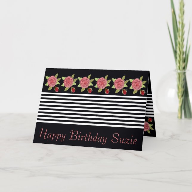 Schwarz-weißer Streifen und rosa Rose Karte (Vorderseite)