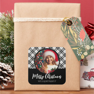 Schwarz-weißer Tartan-Weihnachtsname Benutzerdefin Quadratischer Aufkleber