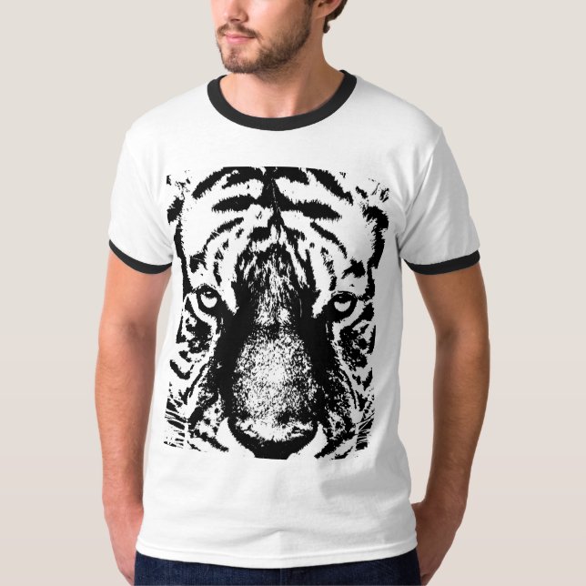 Schwarz-weißer Tiger Face Pop Art Mens Moderne Rin T-Shirt (Vorderseite)