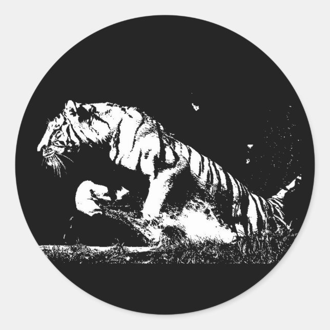 Schwarz-weißer Tiger Pop Art Round Aufkleber (Vorderseite)