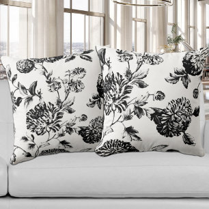 Schwarz-weißer Vintager botanischer Blumentopf Kissen