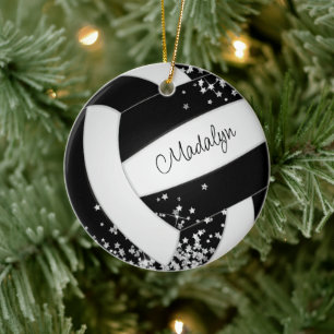 Schwarz-weißer Volleyball mit Silberstern Keramik Ornament