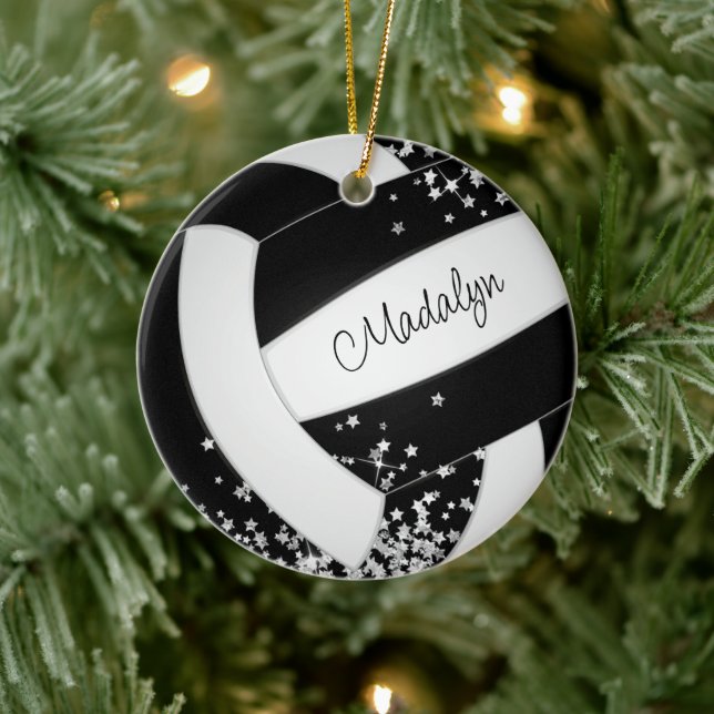 Schwarz-weißer Volleyball mit Silberstern Keramik Ornament (Baum)