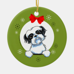 Schwarz-weißer Weihnachtsklassiker Shih Tzu Keramikornament