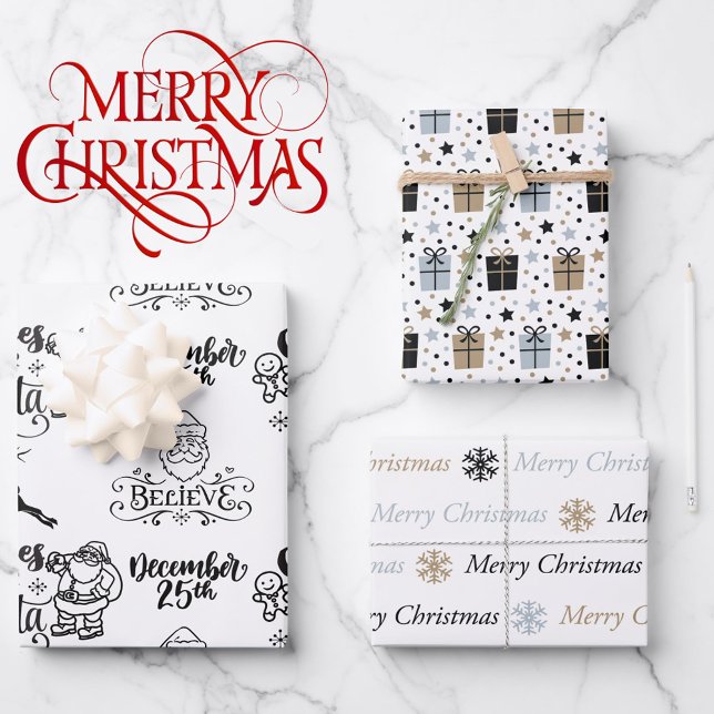 Schwarz-weißer Weihnachtsmann 3 Koordinierung Geschenkpapier Set (Von Creator hochgeladen)