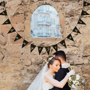 Schwarz-weißer Wimpel Hochzeit Goldene Punkte Wimpelkette