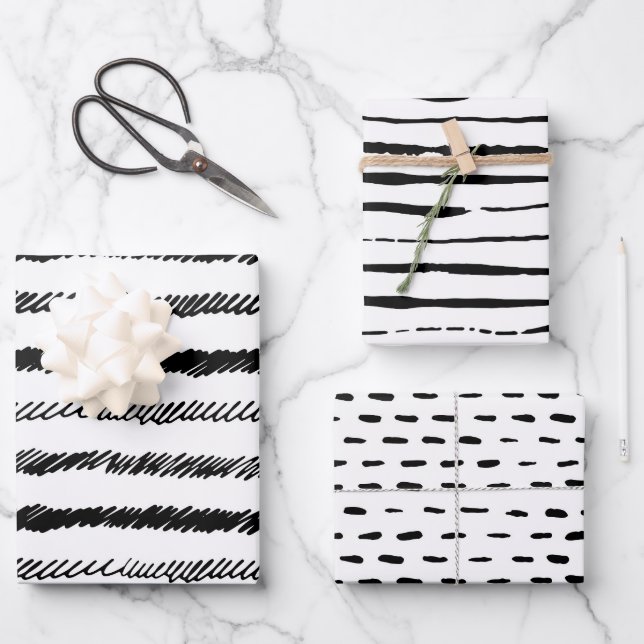 Schwarz-weißes Abstraktes Minimalistisches Geschen Geschenkpapier Set (Vorderseite)