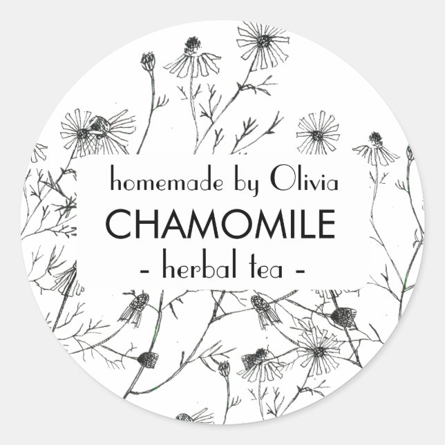 Schwarz-weißes Aquarell Chamomile Tee Runder Aufkleber (Vorderseite)