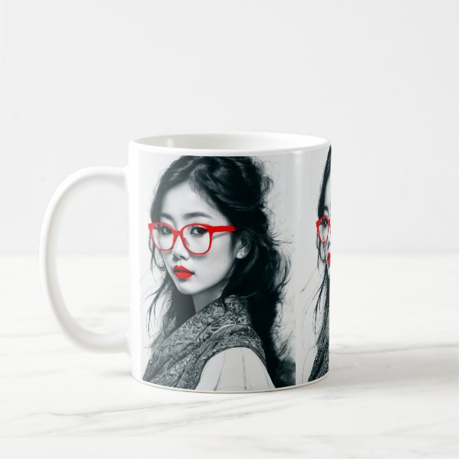 Schwarz-weißes asiatisches Portrait Rote Lippen un Kaffeetasse (Links)