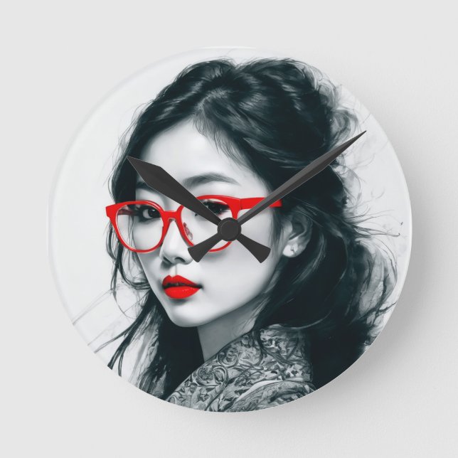 Schwarz-weißes asiatisches Portrait Rote Lippen un Runde Wanduhr (Vorderseite)