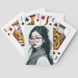 Schwarz-weißes asiatisches Portrait Rote Lippen un Spielkarten