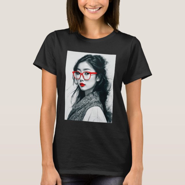 Schwarz-weißes asiatisches Portrait Rote Lippen un T-Shirt (Vorderseite)