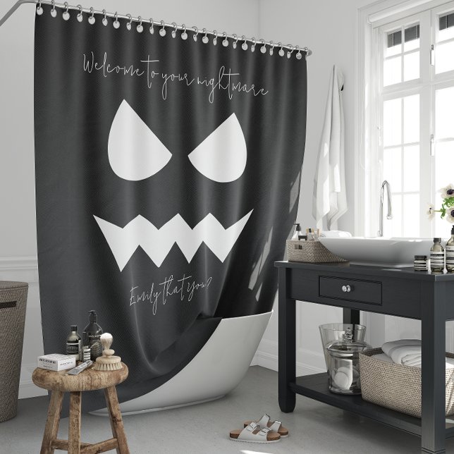 Schwarz-weißes Beängstigendes Kürbisgefecht Hallow Duschvorhang (Black White Scary Pumpkin Face Halloween Quote Shower Curtain)